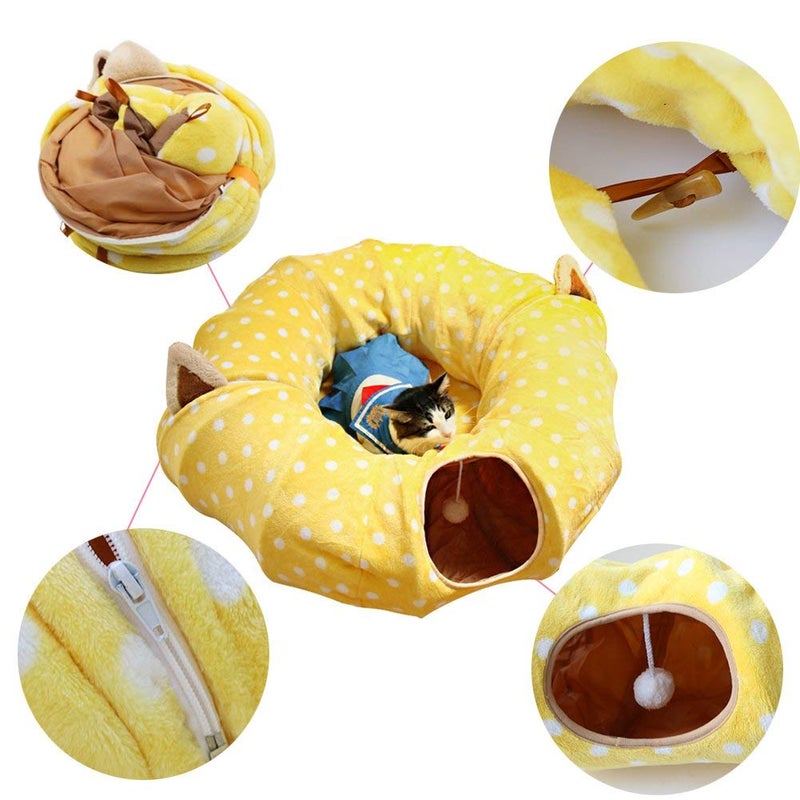 AUOON Cat Tunnel Bed - Christmas Tree Cat Tunnel, Cat Donut Tunnel with Soft Plush Circle Cushion for Indoor Cats Kitten Kitty Puppy Rabbit Ferret (Yellow) - Image 3